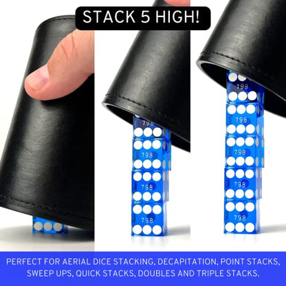 Luck Lab Black Leather Dice Stacking Cup with 5 Serialized Razor Edge 19 mm Casino Dice - Pro Straight Cup for Stacking and Magic Tricks (Blue Dice) - color: Blue Dice
