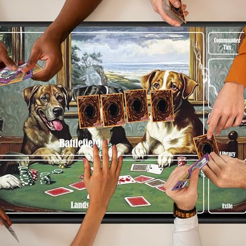 MTG Playmat with Zones, TCG Card Game Play Mat with Stitched Edges, Non-Slip Rubber Base Gaming Desk Mat, Smooth Surface 24 x 14 Inch, Dogs Play Poker - color: Dogs Play Poker, size: Zone 1
