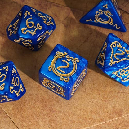 7-Die DND Dice Set Dragon Pattern Polyhedral Die with Leather Bag D&D Dice Set for RPG Table Games (Blue W/Gold Dragon Pattern) - color: Blue W/Gold Dragon Pattern