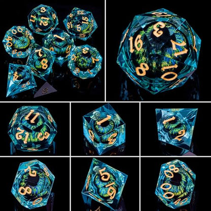 ARUOHHA DND Resin Dice Dragon Eye Dice Liquid Core Red Sharp Edged Dice Set with Gift Box, Polyhedral D and D Dice Set Role Playing Game D20 D12 D10 D8 D6 D4 - color: Yy07-blue