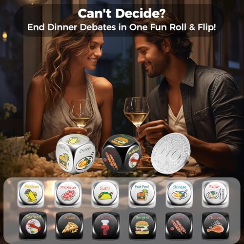 Food Dice - Aluminum Alloy Food Decision Dice and Coin Set, Colorful Date Night Food Decision Dice，Anniversary Birthday Wedding Funny Gifts