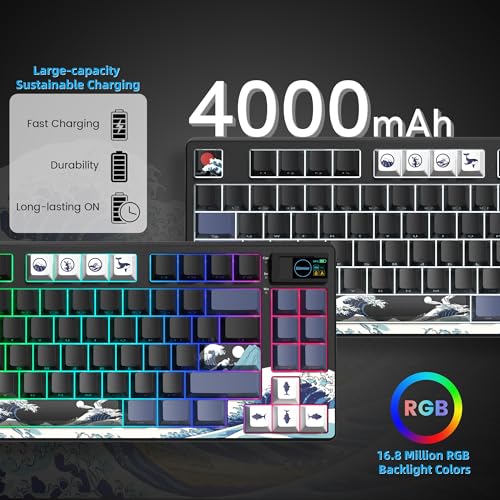 Womier 75% Wireless Mechanical Keyboard with Color Multimedia Screen | Anime Gaming Creamy Keyboard,3-Modes Hot Swap Kanagawa Theme Keyboard w/Wrist Rest,Gasket RGB Custom for Mac/Win,SK80 PRO - color: Anime Black