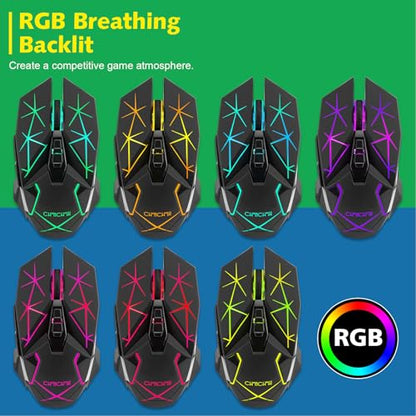 Rechargeable Wireless Gaming Mouse with Light Up, 3200 DPI for PC Computer | 7 Buttons, 4 Levels of DPI, Dynamic RGB LED, Side Buttons, 2.4G Wireless, Long Charging Wire Mouse for Laptop Desktop Win Mac