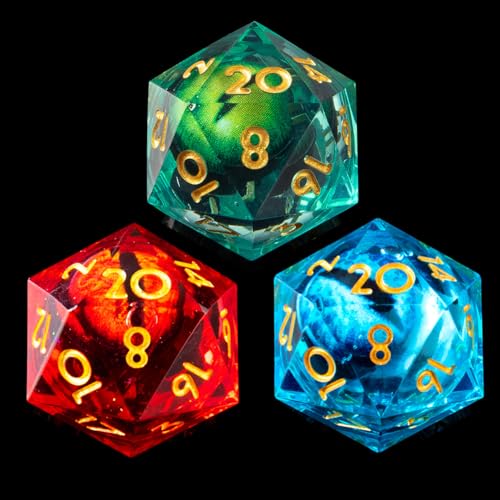 3Pcs D20 Dargon Eye Liquid Core DND Dice Set with 3 Color 22mm Resin Sharp Edge, 20 Sided D&D Dice 22mm Handmade Polyhedral D&D Dice for RPG, MTG Table Games(Green/Red/Blue) - color: D20-green+red+blue