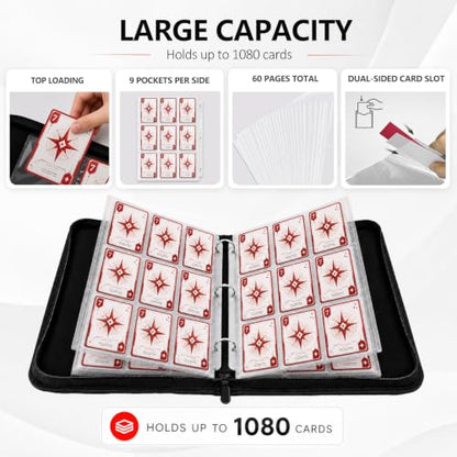 9 Pocket Zip Card Binder, Trading Card Album Holds 1080 Cards, Red White | Logo-free design,top-loading pages,removable double-sided pockets,waterproof cover,soft lnner lining. - color: Red White, size: 9 Pocket 1080