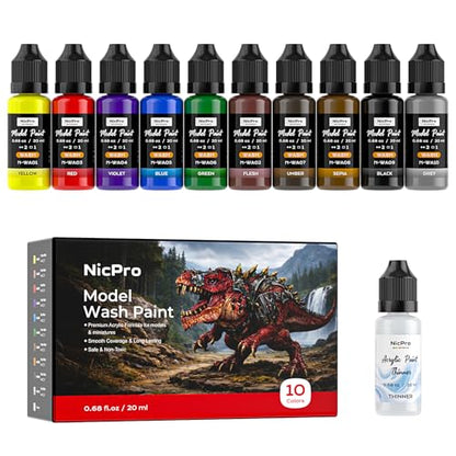 Nicpro 10 Colors Acrylic Model Wash Paint Set, 20ml Ready to Use Washes, Brush & Airbrush Compatible Miniature Paint Set for Models, Wargaming Figures, Dioramas, Terrain & Weathering, with 1 Thinner - style: Wash Color