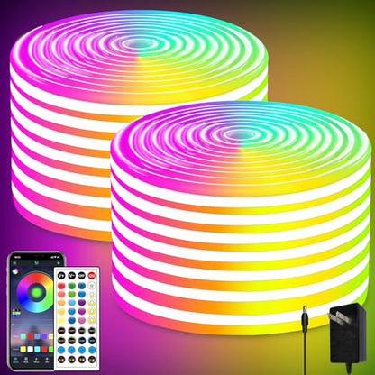 100FT RGB Neon Rope Lights,24V Neon Lights with Remote/APP Control | IP65 Waterproof Flexible RGB Neon LED Strip Lights for Bedroom Room DIY Decoration（2 Rolls of 50ft with Snap &Screws） - size: 100FT