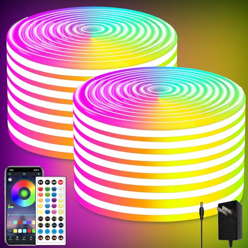 100FT RGB Neon Rope Lights,24V Neon Lights with Remote/APP Control | IP65 Waterproof Flexible RGB Neon LED Strip Lights for Bedroom Room DIY Decoration（2 Rolls of 50ft with Snap &Screws） - size: 100FT