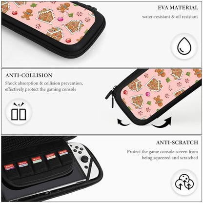 PPIKTC Carrying Case for Switch, Pink Christmas Gingerbread Protective Travel Storage Bag, Hard Shell Game Holder Organizer with 15 Game Cartridges - color: Design (212)