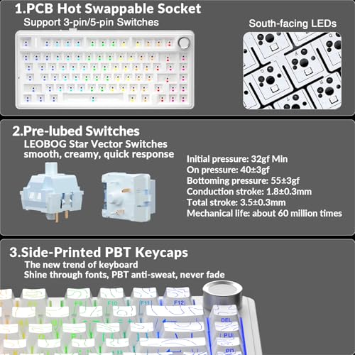 AULA F75 Pro Wireless Mechanical Keyboard with Knob,75% Hot Swappable Custom Gaming Keyboards,RGB Backlit,Pre-lubed Switches,Side Printed PBT Keycaps Creamy Sounding Computer Keyboard, Line White - color: F75 Pro-Line White