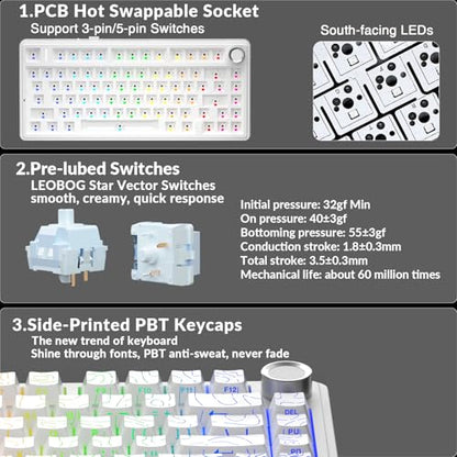 AULA F75 Pro Wireless Mechanical Keyboard with Knob,75% Hot Swappable Custom Gaming Keyboards,RGB Backlit,Pre-lubed Switches,Side Printed PBT Keycaps Creamy Sounding Computer Keyboard, Line White - color: F75 Pro-Line White