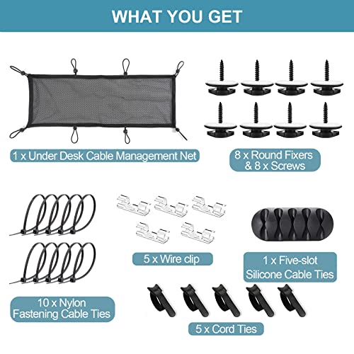 Under Desk Cable Management Net, 36PCS Under Table Cord Management Mesh Organizer Flexible Wire Hiders, Extra Large Capacity Wire Management Kit Under Desk, Fits Most Tables - size: 8 holes