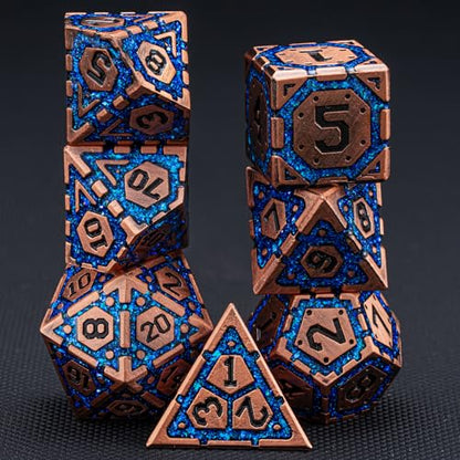 DND Metal Dice Set, Polyhedral Dice Set for RPG D&D Dice with Cracks Dungeons and Dragons Dice Set for RPG TTRPG D&D Die with Gift Case - color: Copper and Blue