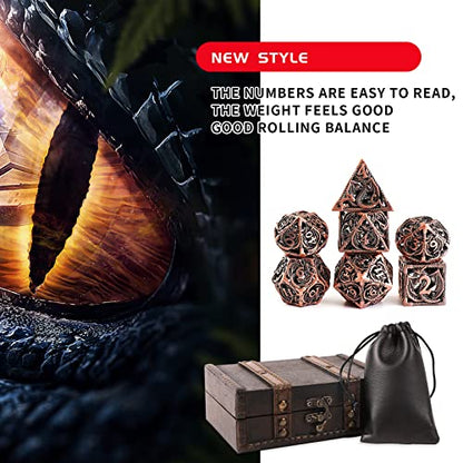 Hollow Metal DND Dice 7Pcs Set for Dungeons and Dragons RPG MTG | D&D Pathfinder Shadowrun and Math Teaching,Large D4,D6,D8,D10,D12,D20 freaky multi sided Dice Set D and D Dice with Gift Box - color: Red Copper