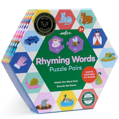 eeBoo Hexagon Puzzle Pairs - Rhyming Words, 33 Self-Correcting Pairs, Match Sounds to Images, Pre-Reading Activity for Preschool Kids Ages 3 and up - style: Rhyming Words