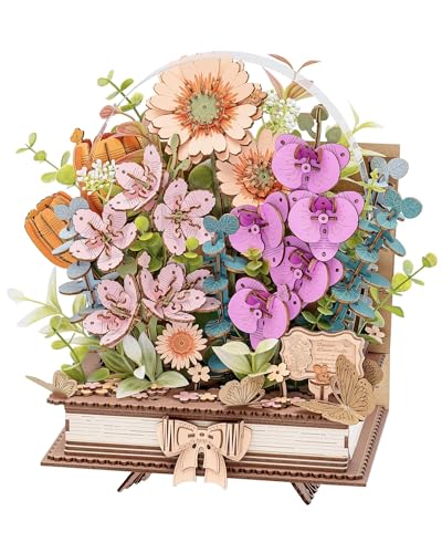Rowood 3D Puzzle,Mothers Day DIY Wooden Flower Craft Kits for Adults,Botanical Collection Home Decor, Valentine's Day/Christmas/Birthday Gift-Wooden Blooming Book