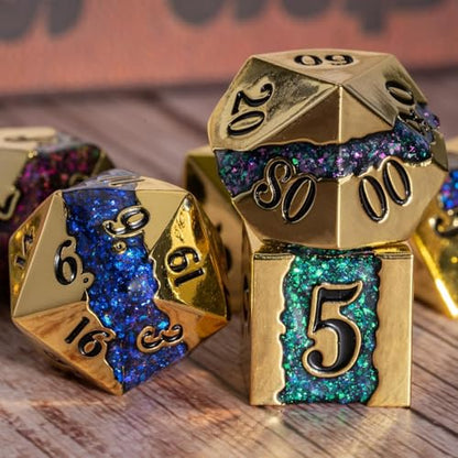 Galaxy Metal Dice Set, 7PCS Polyhedral DND Dice with Glitter Resin Inlay, Heavy Metal RPG Dice for Dungeons and Dragons Tabletop Games - color: Imitation Gold Seven Colors