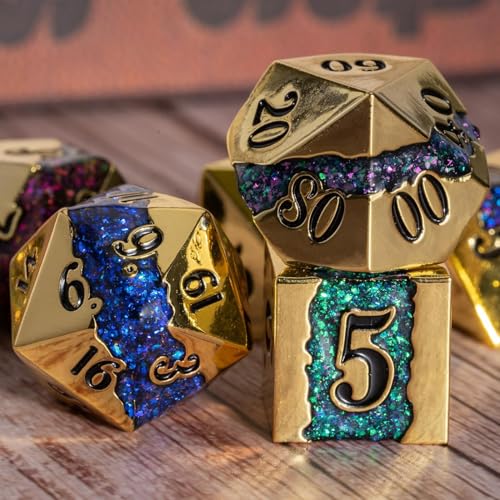 Galaxy Metal Dice Set, 7PCS Polyhedral DND Dice with Glitter Resin Inlay, Heavy Metal RPG Dice for Dungeons and Dragons Tabletop Games - color: Imitation Gold Seven Colors