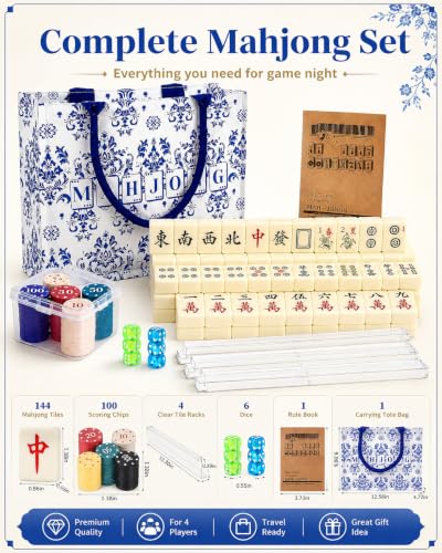 BESTOYARD 1.2-Inch Chinese Mahjong Set, 144 Tiles, 4 Racks and Carrying Bag | Traditional Mahjong Tile Set with 100 Chips, 6 Dice and Rule Book for 4 Players, Beginners, Travel and Family Game Night
