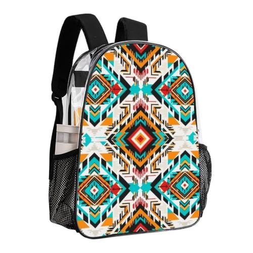 Reinforced Strap Clear See Through Backpack Concert Festival | Transparent, Indiana Western Southwest Tribal Ethnic Aztec, with Reinforced Bottom, Padded Shoulder Straps - color: Pattern (847)