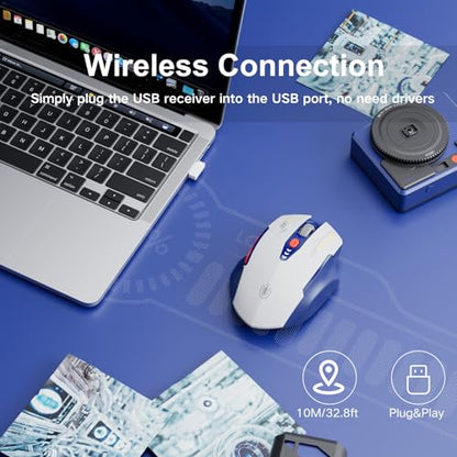 Uineer Wireless Mouse, 2.4GHz Rechargeable Computer Mouse, Battery Display | Stable 2.4GHz USB-A connection, rechargeable battery display and 4 adjustable DPI levels. - color: BLUE and White