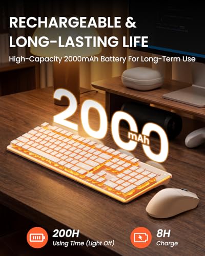 Wireless Keyboard and Mouse Combo with Warm Backlit Pudding Keycaps, Bluetooth & 2.4G, 2000mAh Rechargeable, Full Size, Metal Panel Quiet Computer Keyboard Set for Windows PC Desktop - Rose Gold - color: Rose Gold
