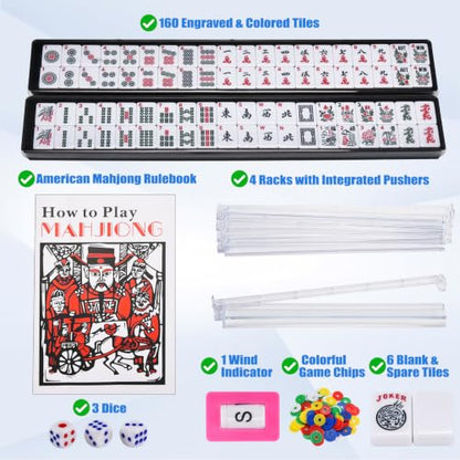ADAH American Mahjong Set with 166 Tiles, 4 All-in-One Rack/Pushers, Premium Melamine Scratch-Resistant Tiles, Embroidered Blue Travel Case – Complete Mahjong Game Set with Chips, Dice & Instruction