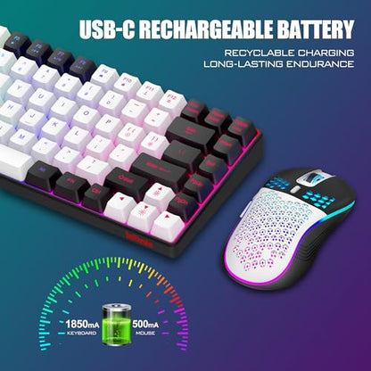 RedThunder K84 Wireless Keyboard and Mouse Combo, LED Rainbow Backlit Rechargeable Battery, 75% Layout TKL Ultra Compact Gaming Keyboard & Lightweight 3200 DPI Honeycomb Optical Mouse (White-Black) - color: White Black