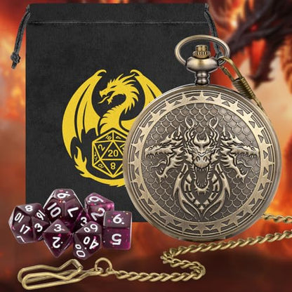 3 Head Dragon Small D&D Dice Set, Steampunk Bronze Pocket Watch Shell Case, 7pcs Polyhedral Acrylic DND Dice, Dragon Gift Bag, RPG Tabletop Games Accessories, DND Starter Set, Purple Dice - color: 3 Dragon Head D