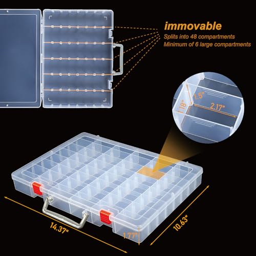 CGCG 2-Pack 48-Compartment Clear Plastic Organizer Box 14.37x10.63 | Storage case with handles, removable dividers for miniatures, small toy, fishing tackle, diamond painting, pencils, crafts