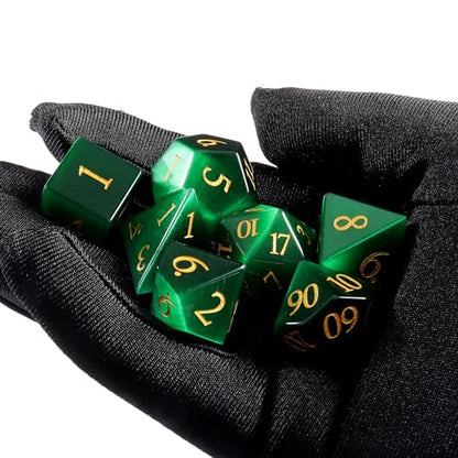 7-Piece Green Artificial Cat's Eye Crystal Polyhedral Dice Set for Dungeons & Dragons D&D RPG Tabletop Gaming - Sharp Edge Gemstone Dice with Storage Box - color: Green