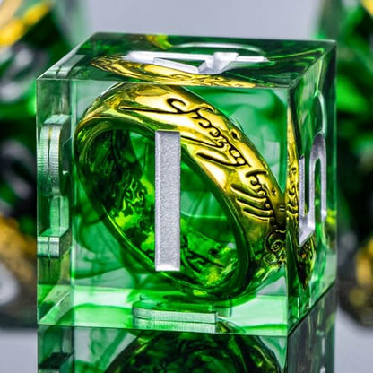OUKELANWO Magic Lord Rings DND Dice Set with Box, 7Pcs Resin LOTR D&D Dice Set for Role Playing Game, Green Dungeons Dragons D and D Sharp Edge Dice D20 D12 D10 D8 D6 D4 - color: Green & White