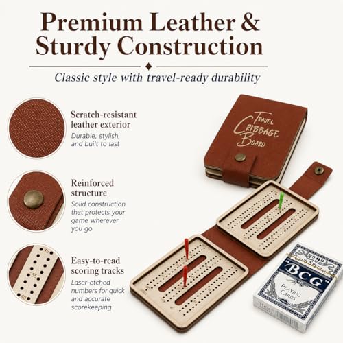 Portable Cribbage Board Set, Premium Leather Foldable Cribbage Game with Playing Card & Pegs, Pocket Size for Camping, Travel, Adventures & Unique Gift for Father's Day, Christmas & Cribbage Lovers