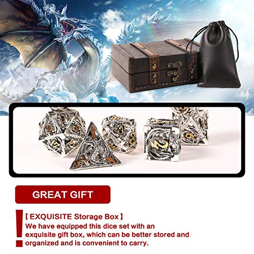 7pcs Metal Dice Set D&D,Unique New Dragon Pattern DND Metal Dice Set | Used for Dungeons and Dragons Role Playing Game(RPG),MTG,Pathfinder,Table Game,Board Games - color: Silver