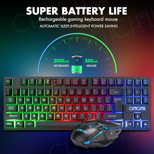 CHONCHOW Wireless Gaming Keyboard and Mouse Combo, Rechargeable 87 Key LED Light Up Keyboard Ergonomic Gaming Mouse, Backlit Wireless Mouse and Keyboard for Xbox PS4 PS4 PC Laptop