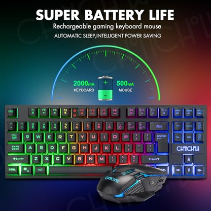 CHONCHOW Wireless Gaming Keyboard and Mouse Combo, Rechargeable 87 Key LED Light Up Keyboard Ergonomic Gaming Mouse, Backlit Wireless Mouse and Keyboard for Xbox PS4 PS4 PC Laptop