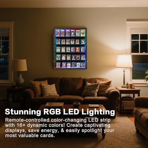 VERANI 35 LED Graded Sports Baseball Card Display Case Wall Mount Black | Large 35-slot inner space,Built-in soft LED light strips,Fully sealed dustproof structure,Wall mount vertical design - size: Large-Vertical-Black-with LED