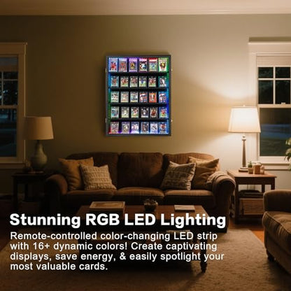 VERANI 35 LED Graded Sports Baseball Card Display Case Wall Mount Black | Large 35-slot inner space,Built-in soft LED light strips,Fully sealed dustproof structure,Wall mount vertical design - size: Large-Vertical-Black-with LED
