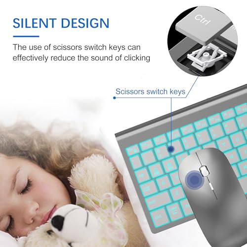 Wireless Backlit Keyboard and Mouse Ultra Slim Combo, TopMate 2.4G Silent Compact 2400DPI Mouse and Scissor Switch Keyboard Set, Batteries Included, for PC/Laptop/Windows/Mac/Gaming - BL Gray Silver - color: BL Gray Silver