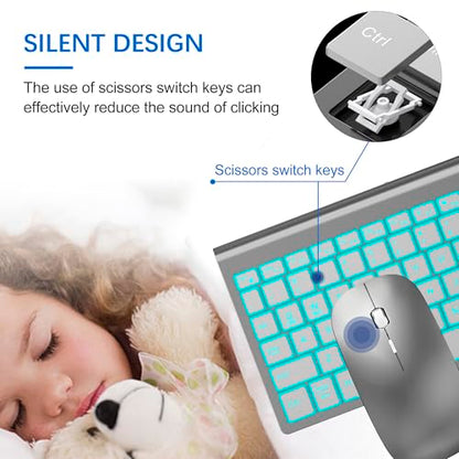 Wireless Backlit Keyboard and Mouse Ultra Slim Combo, TopMate 2.4G Silent Compact 2400DPI Mouse and Scissor Switch Keyboard Set, Batteries Included, for PC/Laptop/Windows/Mac/Gaming - BL Gray Silver - color: BL Gray Silver