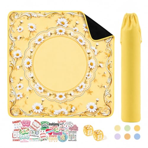 Yellow Mahjong Mat for Table & 50PCS Stickers| Carrying Bag, Heavy Floral Mahjong Mats&2 Dices, Noise Reduction Non Slip Foldable, 31.5x31.5 Game Table Cover, for Playing Card, Board Tile Games - color: Yellow