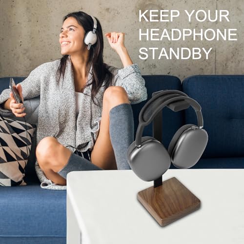 GEVO Headphone Stand Headset Holder - Headset Metal Mount Rack for Desk with Walnut Wooden Square Base for Gaming, AirPod Max, Bose, Sony, Razer, Jabra, JBL