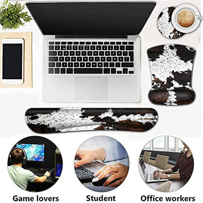 Mouse Pad with Ergonomic Wrist Support and Memory Foam Keyboard Wrist Rest, Non-Slip PU Base Gel Mouse Mat, Keyboard Palm Rest for Home Office Wireless Gaming Desk Pad Black & White Cowhide Fur - color: Yvb-mouse Pad -2-b-24