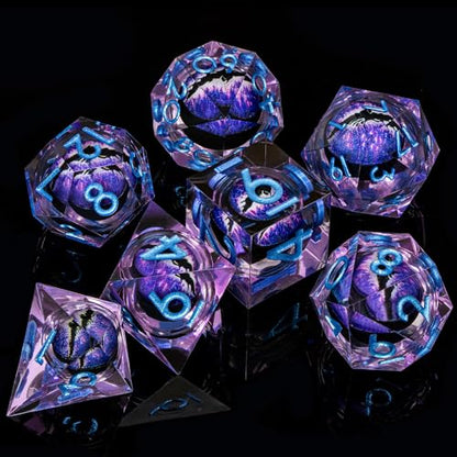 ARUOHHA DND Resin Dice Dragon Eye Dice Liquid Core Purple Sharp Edged Dice Set with Gift Box, Polyhedral D and D Dice Set Compatible with Dungeons Dragons Role Playing Game D20 D12 D10 D8 D6 - color: Ly02-purple