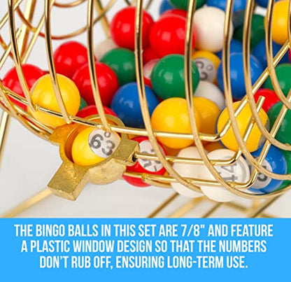 Regal Bingo Gold Professional Bingo Game Set with 11" Wheel Cage, 75 Bingo Balls, Master Board, 18 Bingo Cards & 25 Jumbo Reusable Cards, and Colorful Chips - Bingo Games for Adults Large Group - color: Professional Gold