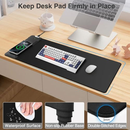 Mouse Pad with Wireless Charging & Foldable Phone Holder, 27.5"x11.8" Black | Desk Protector with Stitched Edges, Non-Slip Base, Laptop Desk Mat, Waterproof Writing Pad for Office & Home - color: Black-Phone Holder-27.5"x11.8"