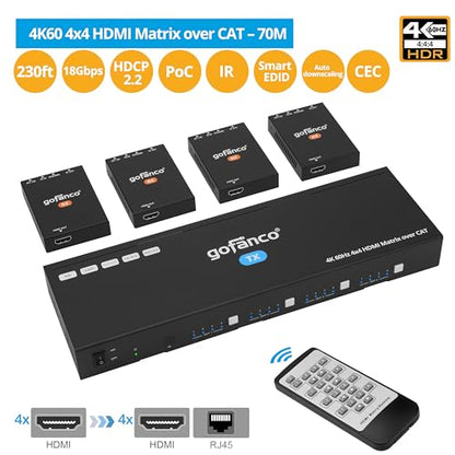 gofanco 4K60Hz 4x4 HDMI Matrix Extender Splitter (Matrix44HD2CAT) | 230ft Cat6/7 Extension, 4K60Hz 4:4:4, HDR, HDCP 2.2/1.4, IR, PoC, EDID, Auto Downscale, 8 Video outputs 4 HDMI+4 RX, Web GUI - size: 4K60Hz 4x4 Cat