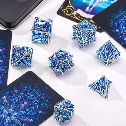 AUSTOR Metal DND Dice Set 7 Pieces Leaf DND Dice Hollow Polyhedral Dice D20 D12 D10 D% D8 D6 D4 Metal Dice with Metal Box for Dungeons & Dragons RPG Board Games (Blue & Silver) - color: Blue & Silver
