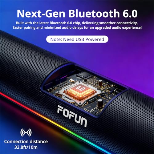 Computer Sound Bar with Detachable ENC Microphone, Enhanced Bass Gaming Soundbar, Bluetooth 6.0, USB-A Plug and Play, PC and Bluetooth Mode, 3EQ, 10 RGB Speaker for Gaming, Music,Meeting