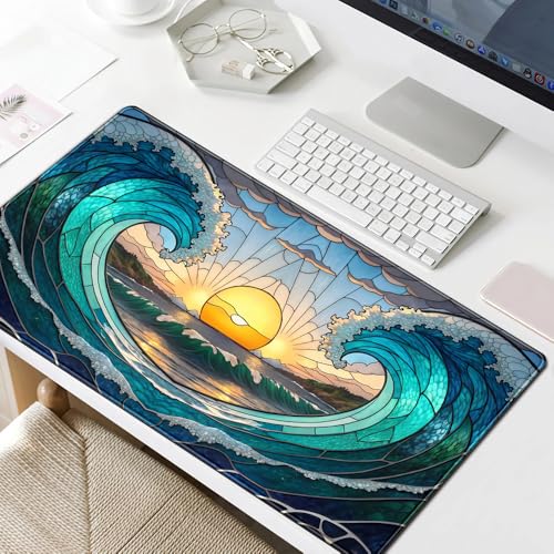 YKJWW Beach Sunset Desk Pad Cute Large Mouse Keyboard Desk Mat, Aesthetic Cute Gaming Desk Keyboard Mats for Desk Mat, Faux Stained Glass Sunset Mousepad Southwest Landscape Desk Pad 31.5x15.7 in - color: Blue Beach